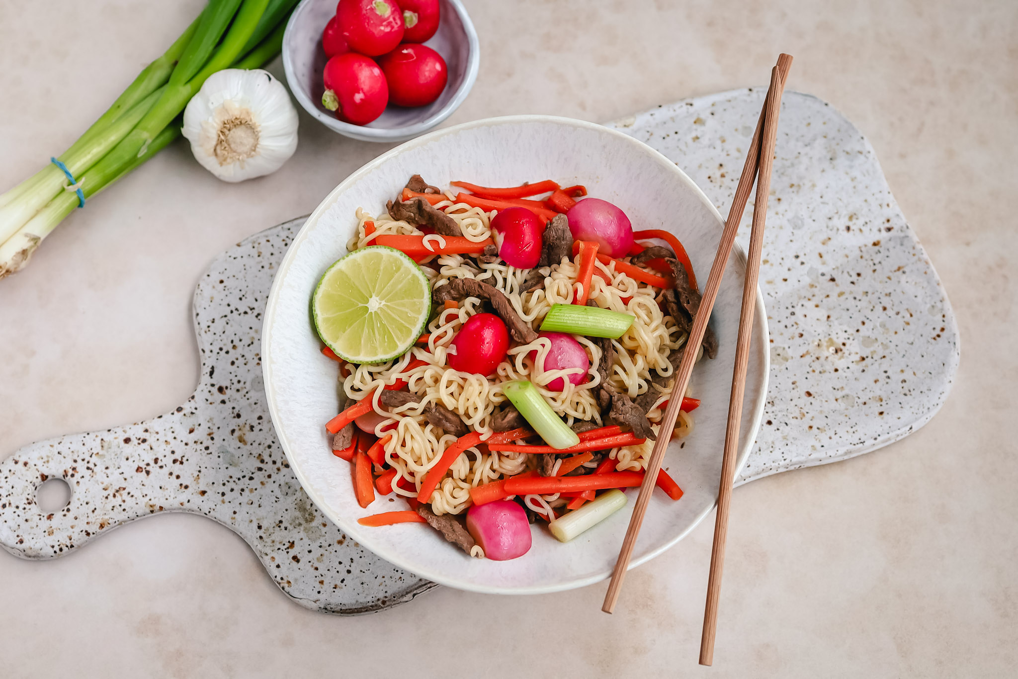Noedels runderreepjes wortel radijs FitChef recept