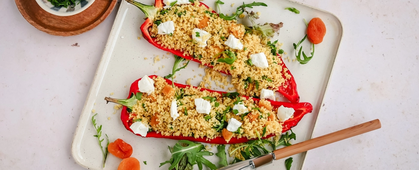 Puntpaprika gevuld met zoete couscous