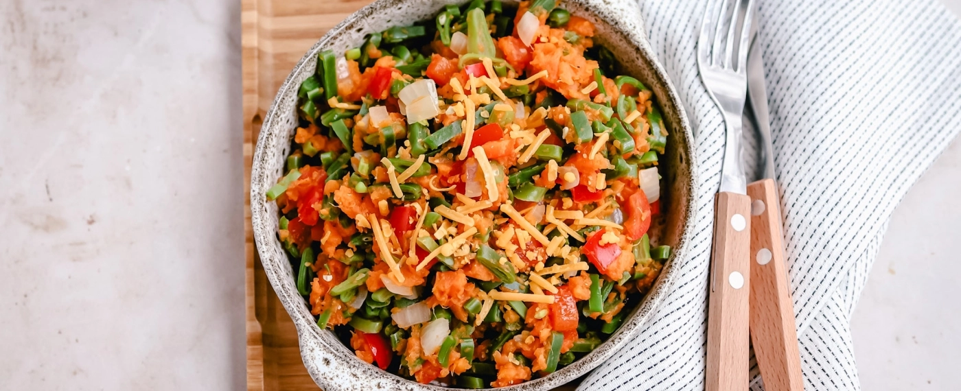 Stamppot van zoete aardappel, snijbonen & paprika