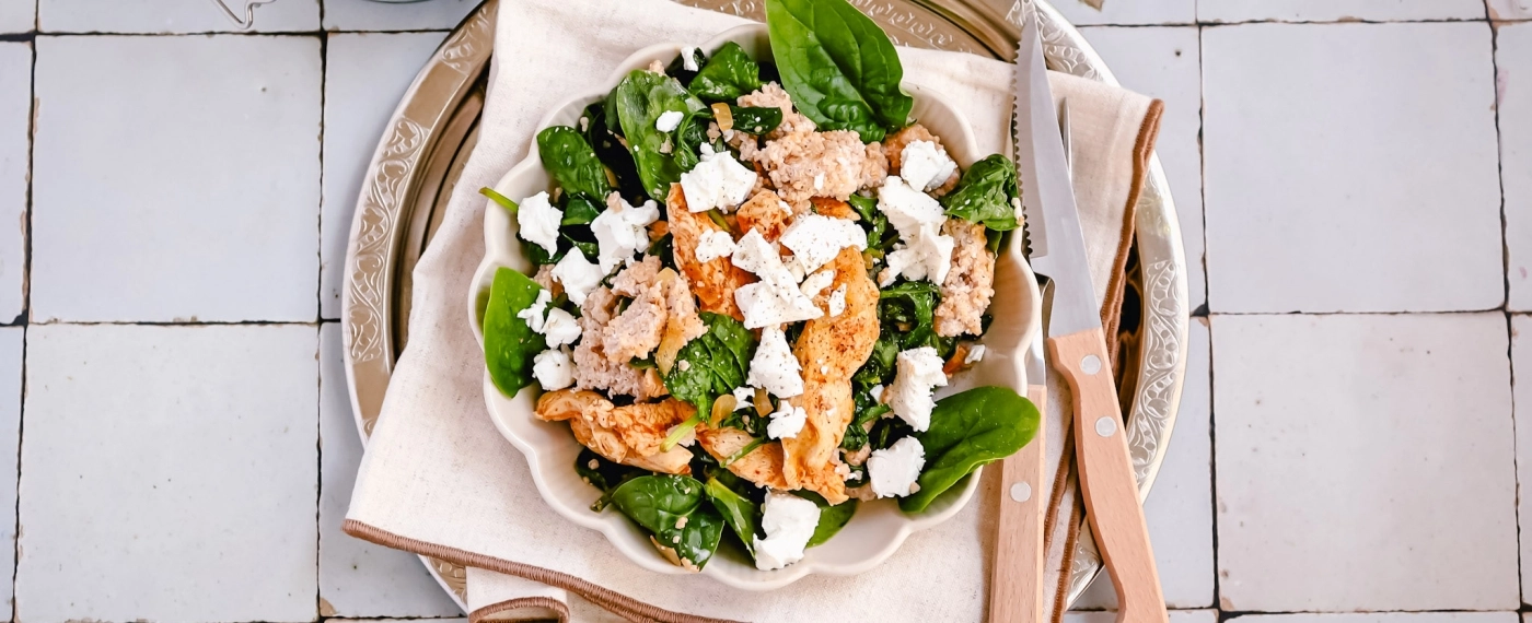 Couscous met kip, verse spinazie & feta