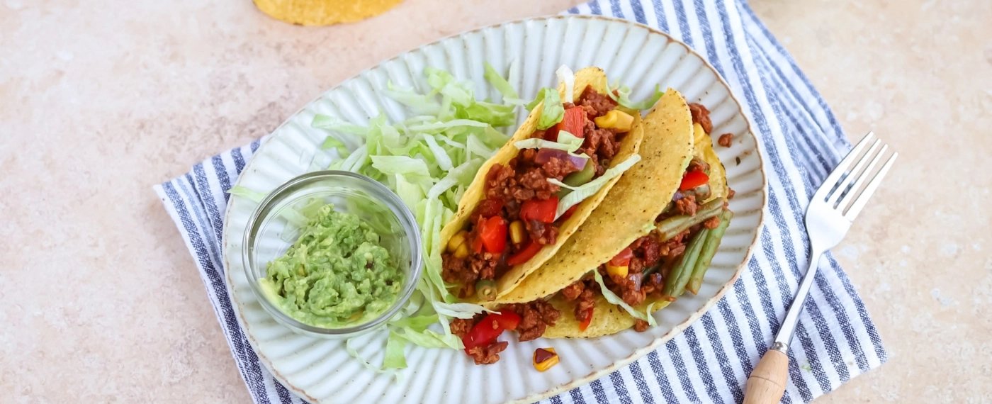 Taco’s met plantaardig gehakt, paprika & sperziebonen