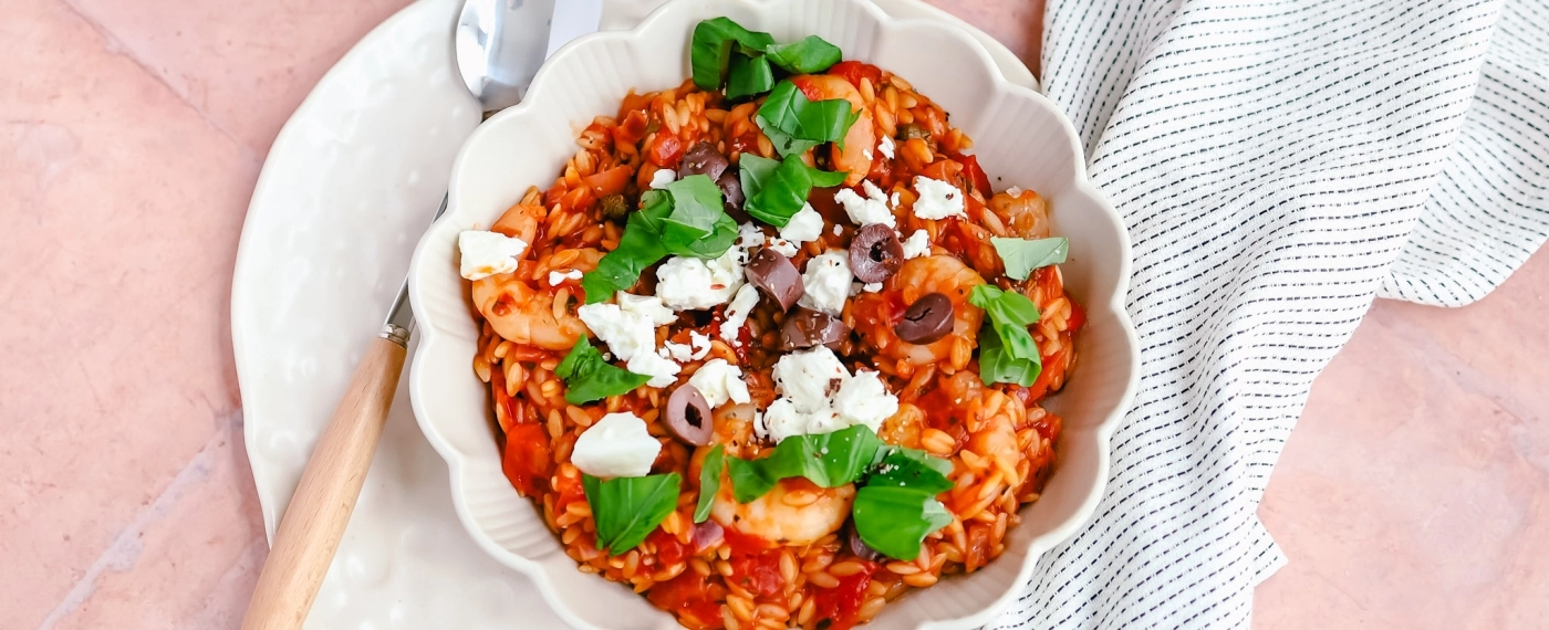 Orzo pannetje met garnalen & feta