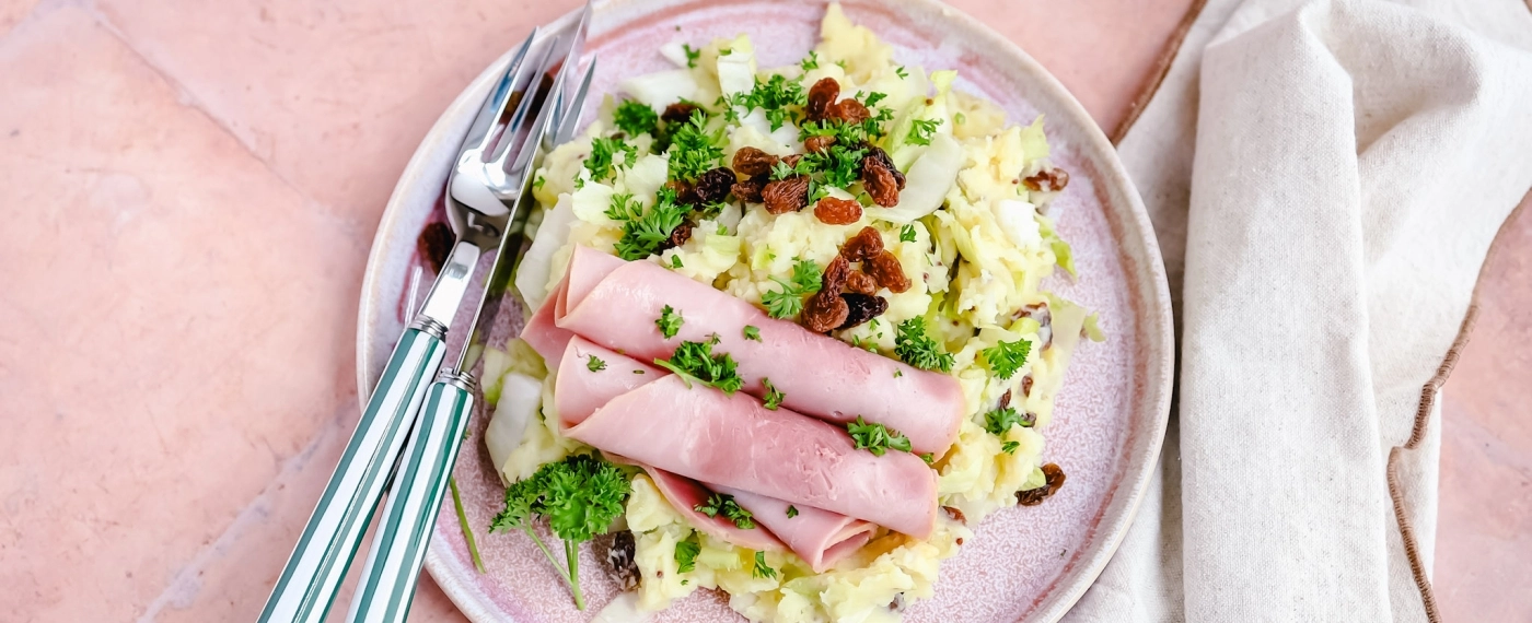 Stamppot met witlof, mosterd & ham