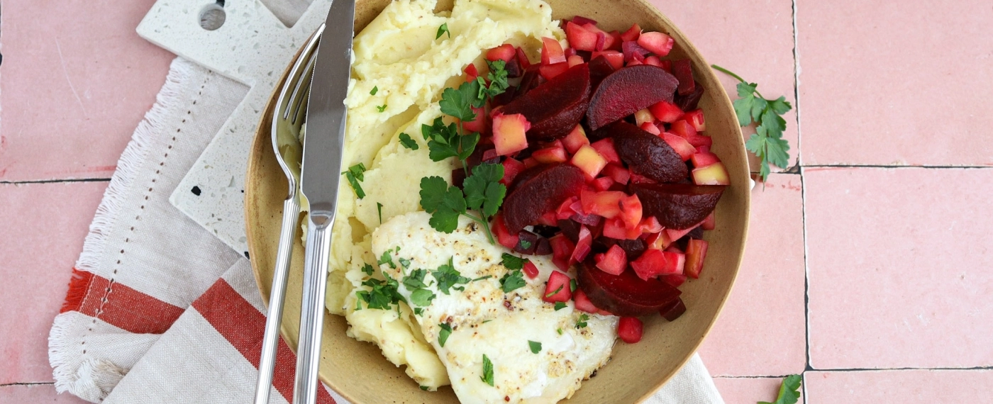 Kabeljauw met mosterdpuree & bietjes