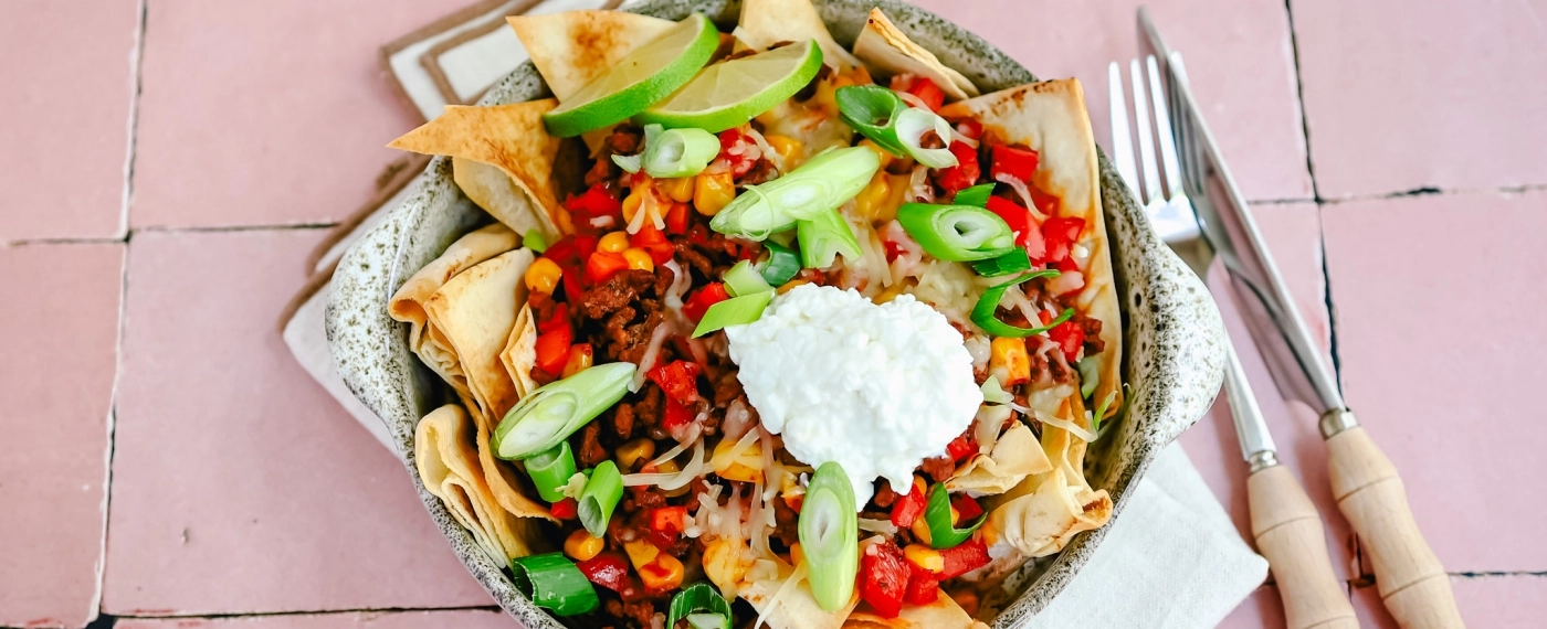 Nacho’s van platbrood met gehakt & cottage cheese