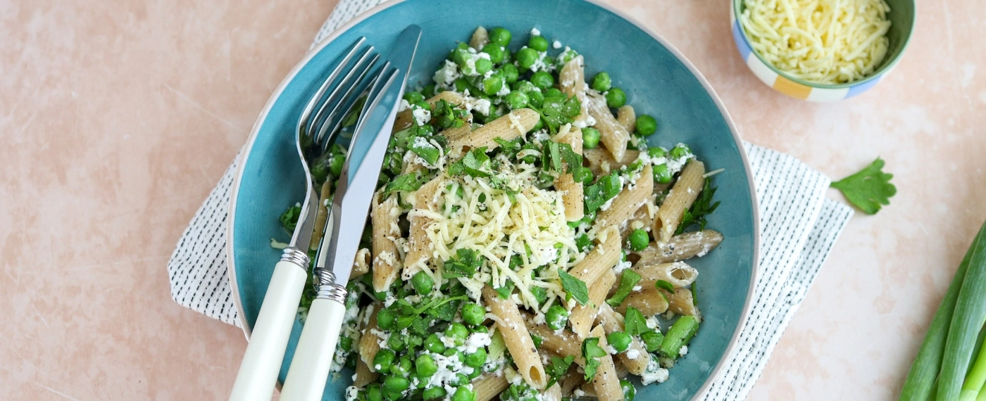 Penne met tuinerwten & cottage cheese