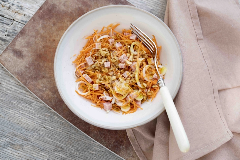 Ham & prei salade met wortel