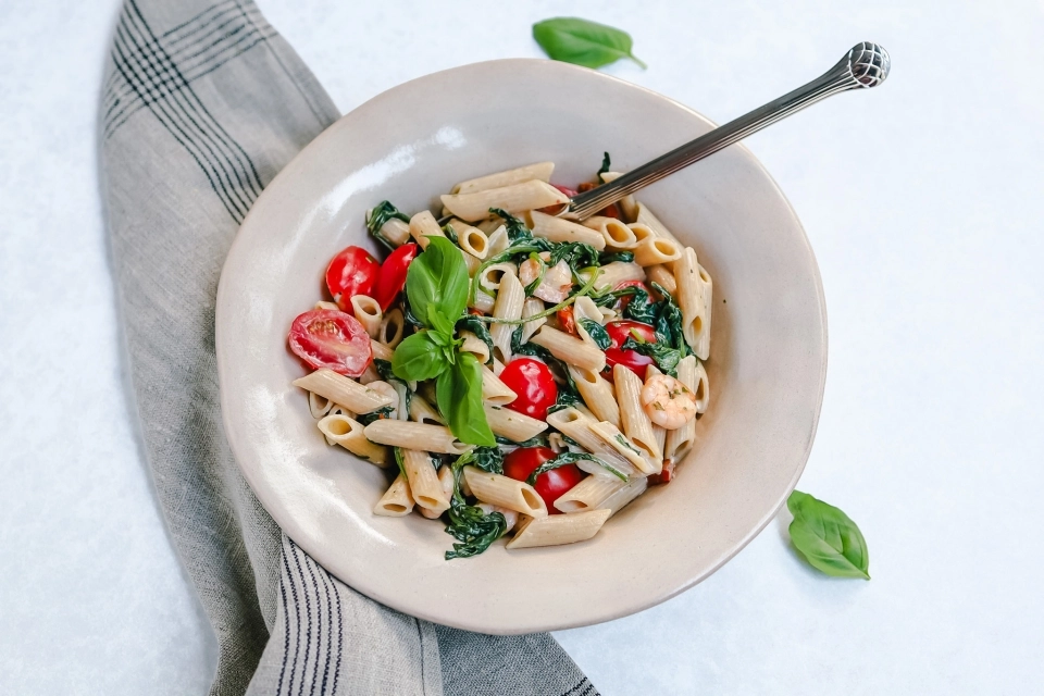 Romige penne met garnalen & spinazie