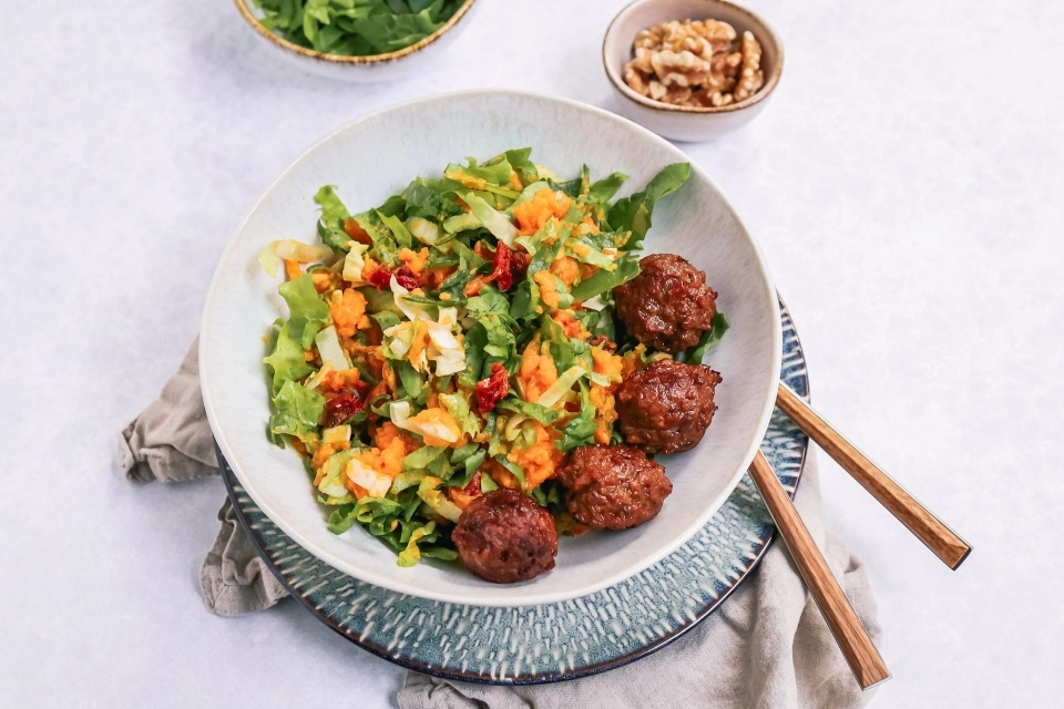Zoete aardappel & pompoen stamppot met falafel