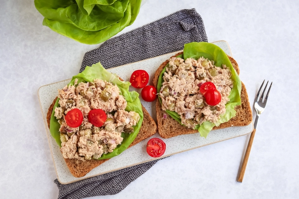 Brood met tonijn & hummus salade