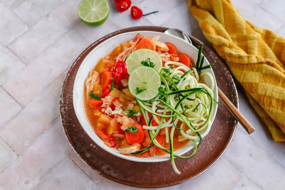 Thaise courgette noedels soep met kip