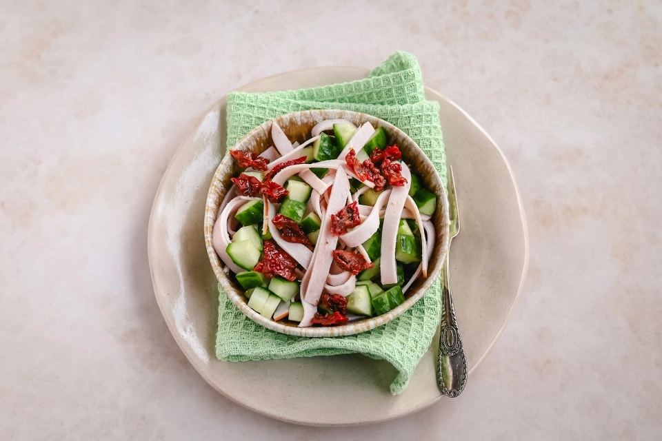 Kalkoenfilet met zongedroogde tomaten & komkommer