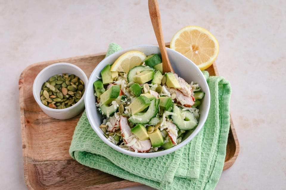 Spitskool salade met gerookte kip & avocado