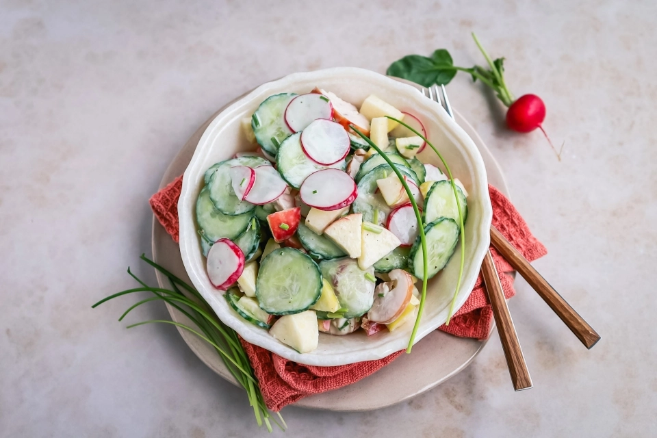 Komkommer salade met appel & gerookte kip
