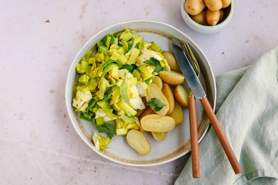 Krieltjes met kabeljauw, prei & kerrie
