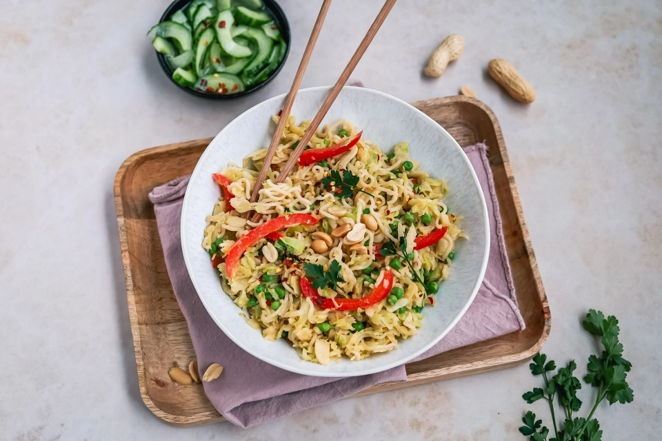 Noedels met spitskool, paprika & pindasaus
