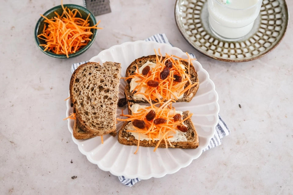 Brood met hummus, wortel & rozijnen