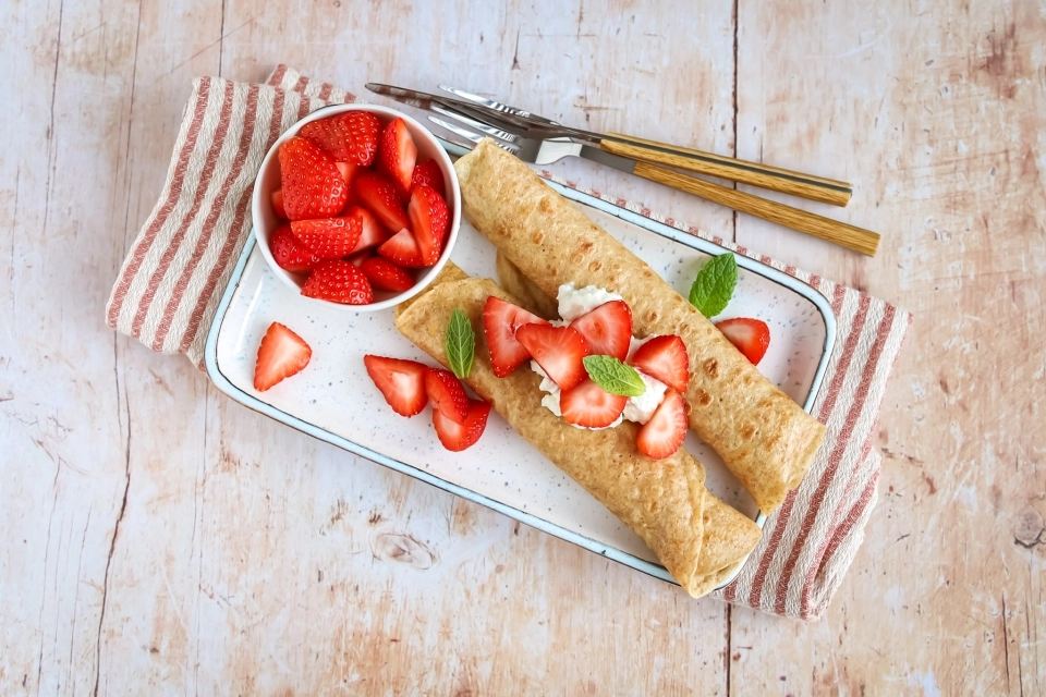 Pannenkoeken met cottage cheese & aardbeien