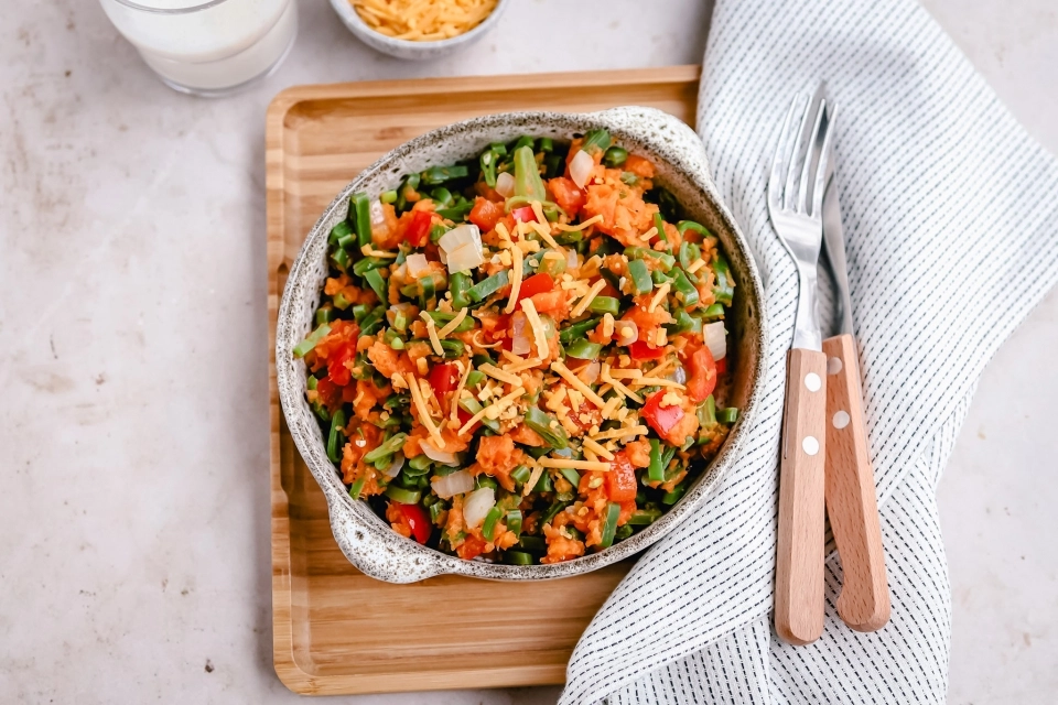 Stamppot van zoete aardappel, snijbonen & paprika