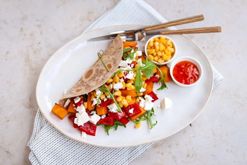 Wrap met pompoen, paprika, maïs & feta
