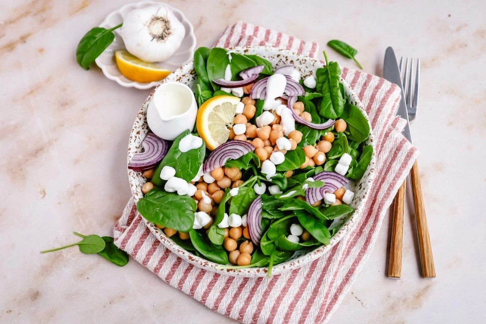 Saladebowl met geitenkaas bolletjes