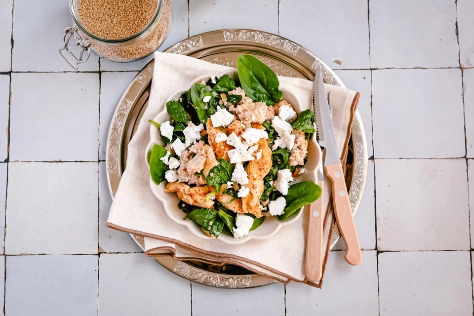 Couscous met kip, verse spinazie & feta