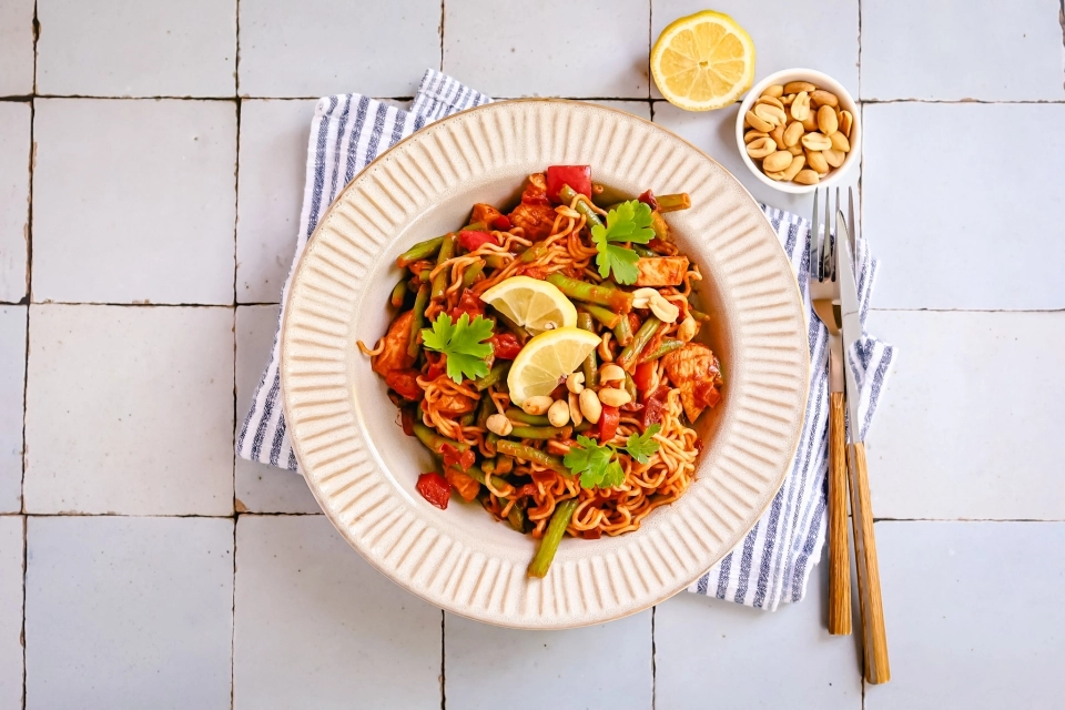 Noedels in tomatensaus met pindakaas, kip & sperziebonen