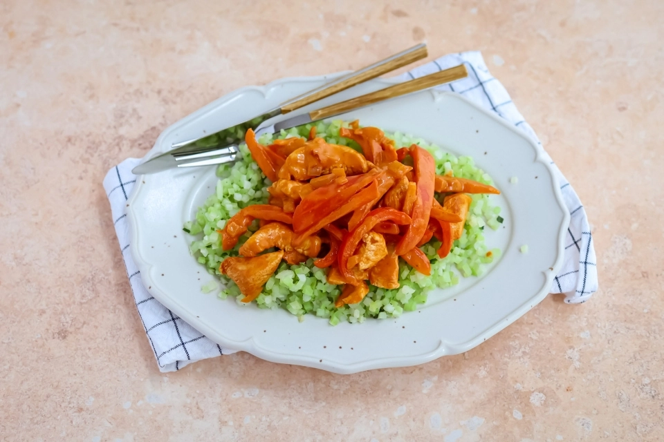 Broccolirijst met kalkoen stroganoff