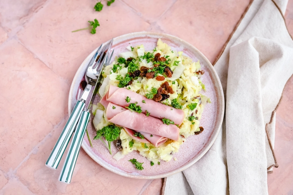 Stamppot met witlof, mosterd & ham