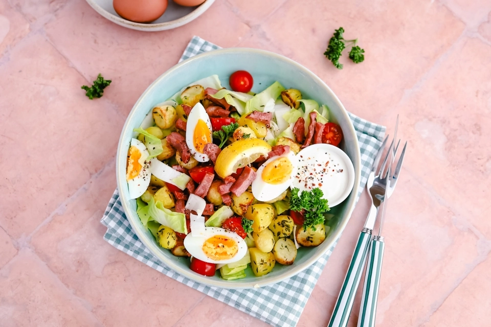 Witlofsalade met krieltjes, ei & kalkoen spekreepjes